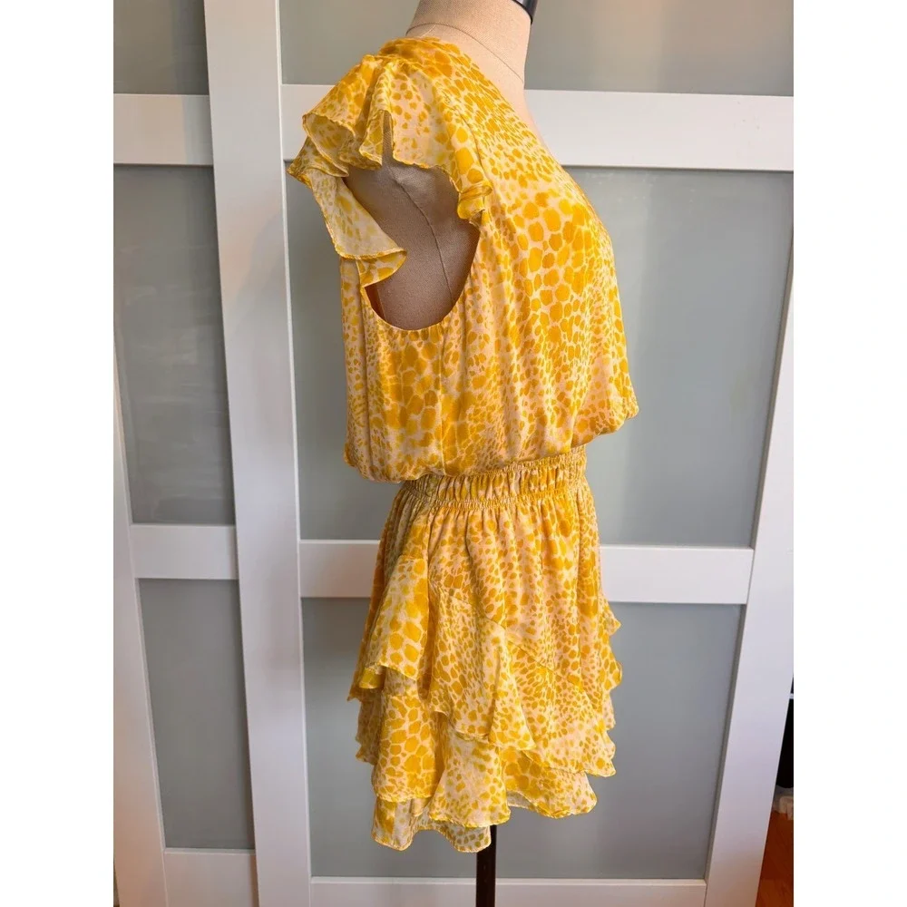 Ramy Brook M Silk Yellow Animal Print Ruffle Simone Mini Dress Pleated Smocked